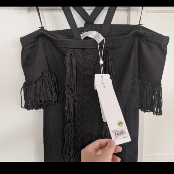 NWT ALICE MCCALL Black Fringe Cold Shoulder Sovereign Midi Dress Size 0 - Picture 8 of 13